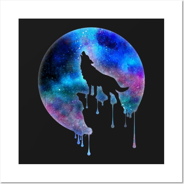 Howling Wolf - Full Moon - watercolour - Art - Trend - Splatter- Gift - Universe - Space - Galaxy Wall Art by CheesyB